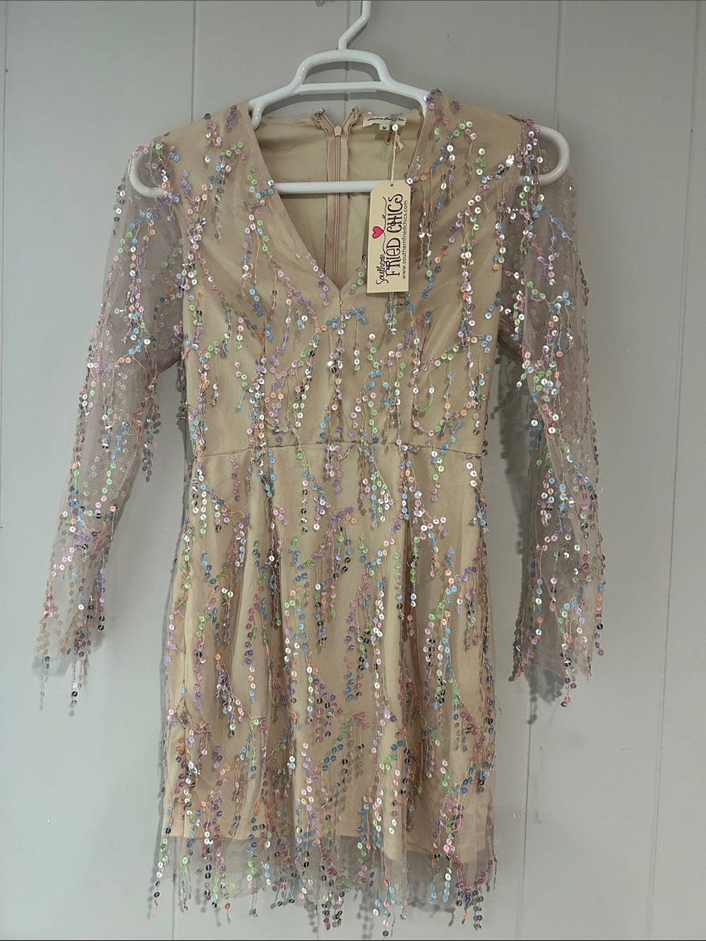 Southern Fried Chics Sequin Beige Long-Sleeve Formal Dress